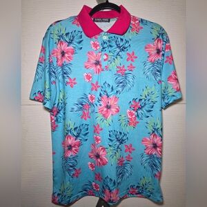 Paul Jones Aqua Floral Polo with Pink Contrast Collar